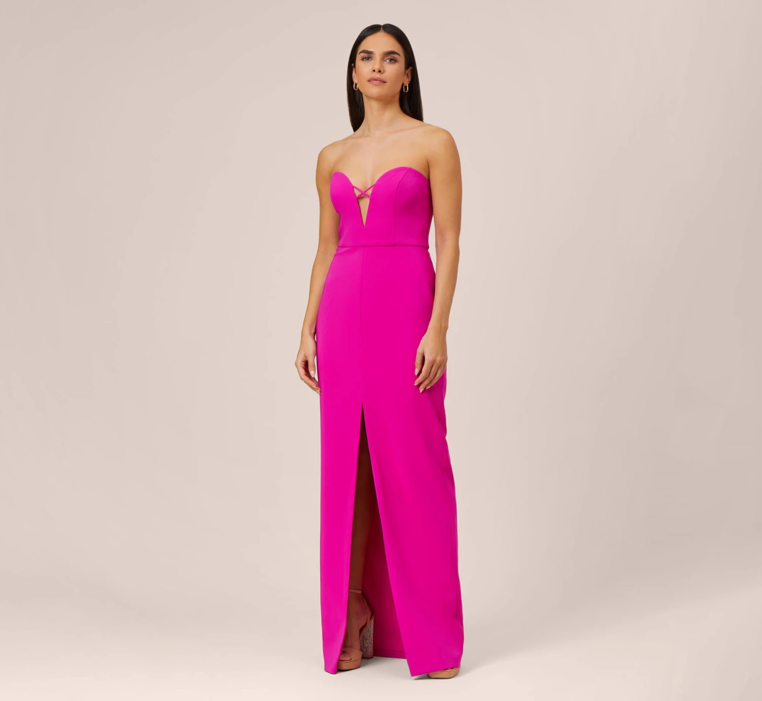 Stretch Crepe Long Column Gown With Sweetheart Neckline In Magenta 1 Stretch Crepe Long Column Gown With Sweetheart Neckline In Magenta