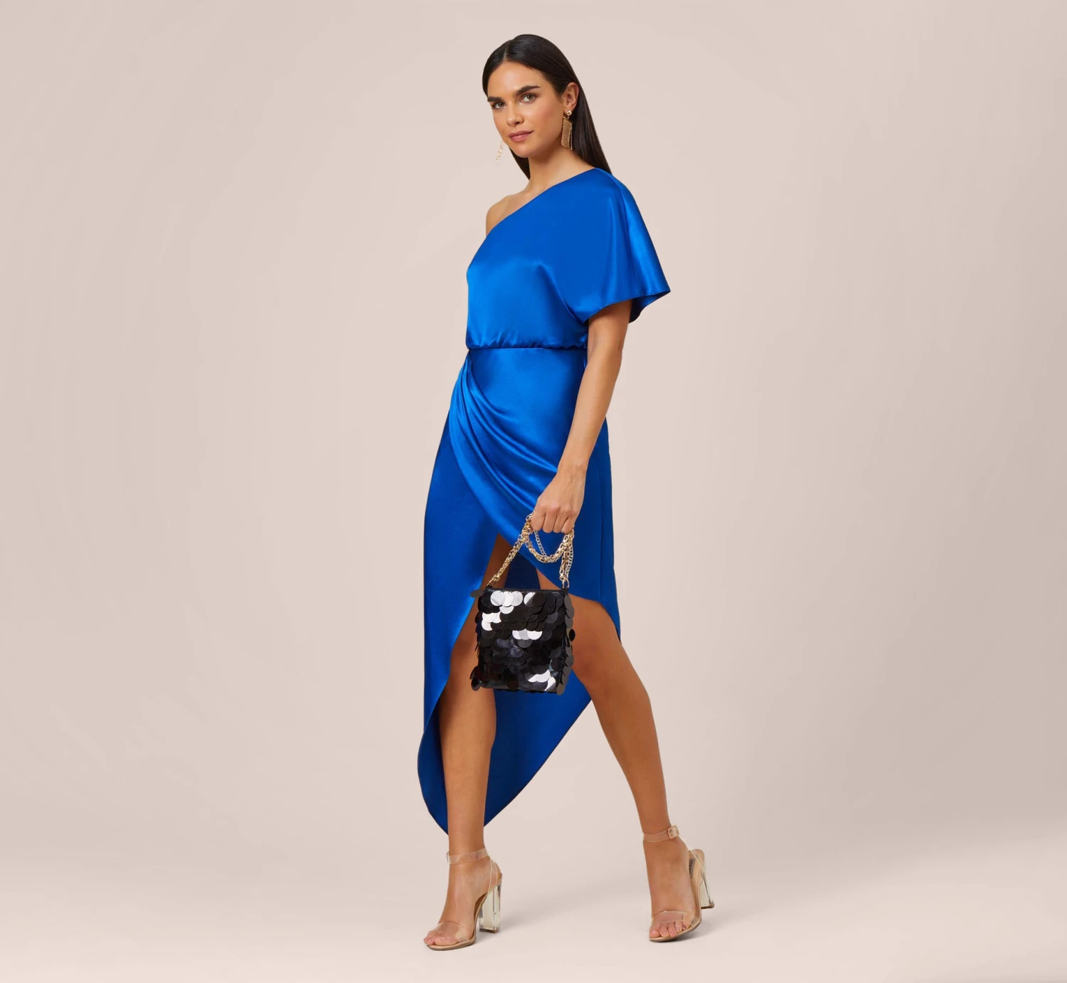 Satin One-Shoulder Draped Long Asymmetrical Gown In Violet Cobalt 2 Satin One-Shoulder Draped Long Asymmetrical Gown In Violet Cobalt - Image 2