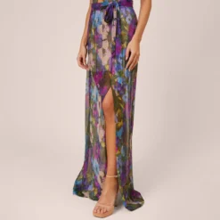 Floral-Print Metallic Crinkled Mesh Long Halter Tiered Dress In Magenta -Glam Mirth Sales MN1E207665 AA670 Regular Alternate