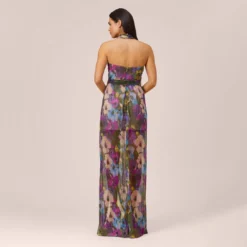 Floral-Print Metallic Crinkled Mesh Long Halter Tiered Dress In Magenta -Glam Mirth Sales MN1E207665 AA670 Regular Back