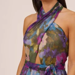 Floral-Print Metallic Crinkled Mesh Long Halter Tiered Dress In Magenta -Glam Mirth Sales MN1E207665 AA670 Regular Side