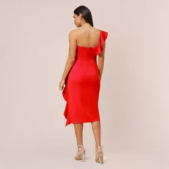 Stretch Crepe Strapless Midi-Length Sheath Cocktail Dress With Ruffle In Flame Red -Glam Mirth Sales MN1E207799 AJ621 Regular Back