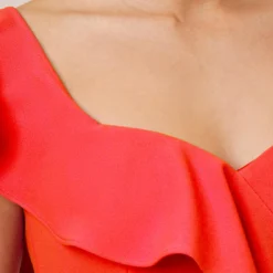 Stretch Crepe Strapless Midi-Length Sheath Cocktail Dress With Ruffle In Flame Red -Glam Mirth Sales MN1E207799 AJ621 Regular Side