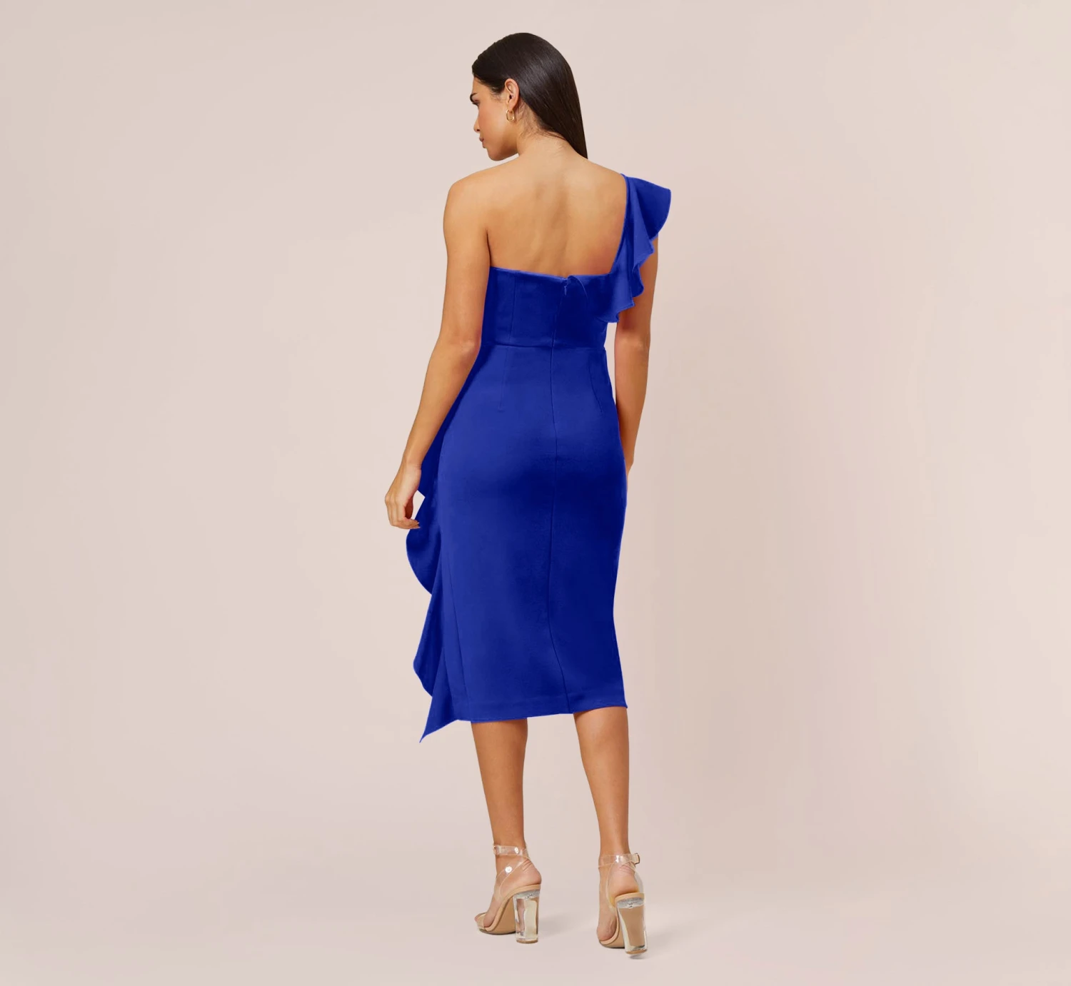 Stretch Crepe Strapless Midi-Length Sheath Cocktail Dress With Ruffle In Royal Sapphire 4 Stretch Crepe Strapless Midi-Length Sheath Cocktail Dress With Ruffle In Royal Sapphire - Image 4