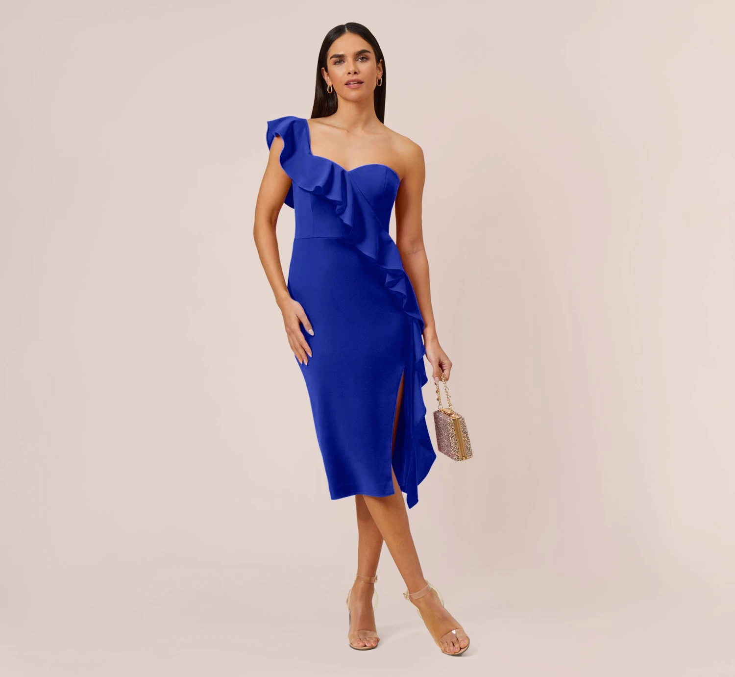 Stretch Crepe Strapless Midi-Length Sheath Cocktail Dress With Ruffle In Royal Sapphire 2 Stretch Crepe Strapless Midi-Length Sheath Cocktail Dress With Ruffle In Royal Sapphire - Image 2