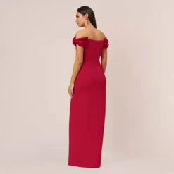 Stretch Crepe Off-The-Shoulder Long Column Gown With Bows In Matador Red 9 Stretch Crepe Off-The-Shoulder Long Column Gown With Bows In Matador Red -Glam Mirth Sales MN1E207804 AF601 Regular Back