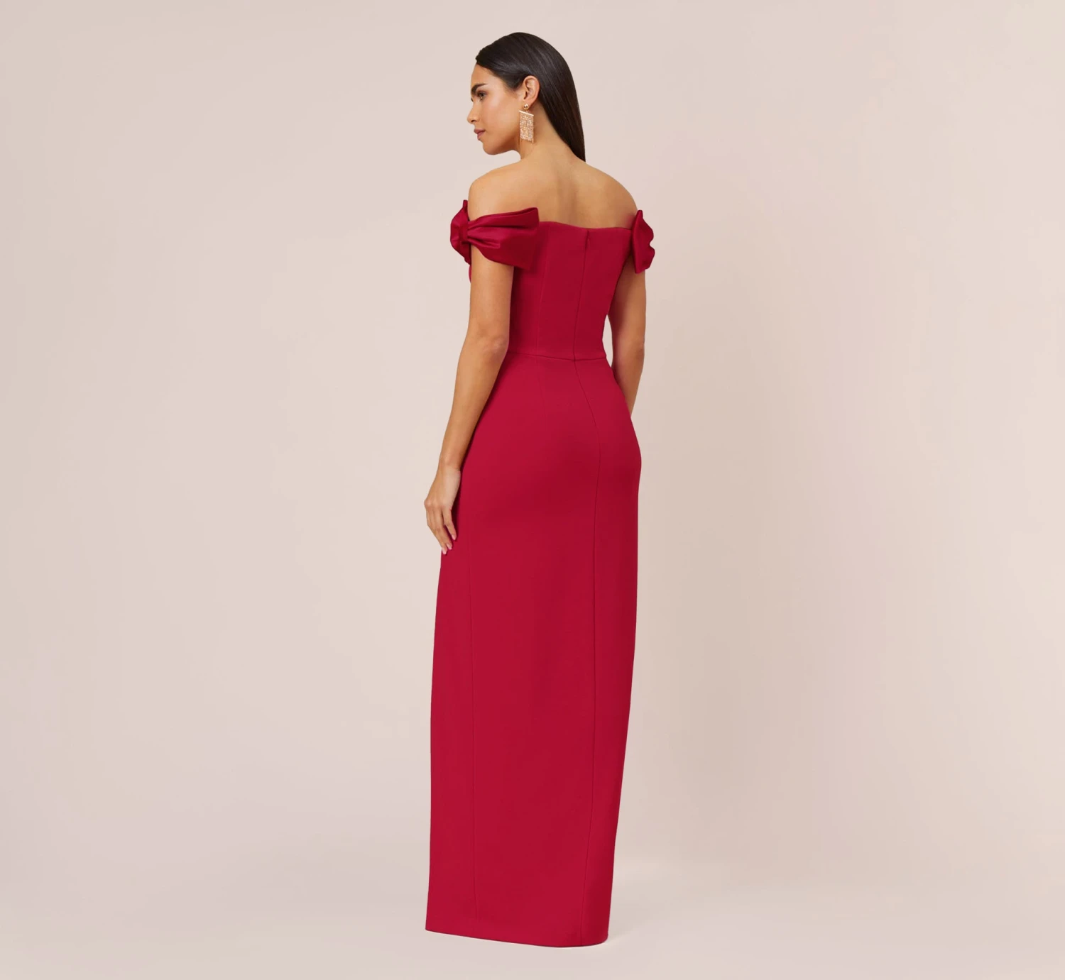 Stretch Crepe Off-The-Shoulder Long Column Gown With Bows In Matador Red 4 Stretch Crepe Off-The-Shoulder Long Column Gown With Bows In Matador Red - Image 4