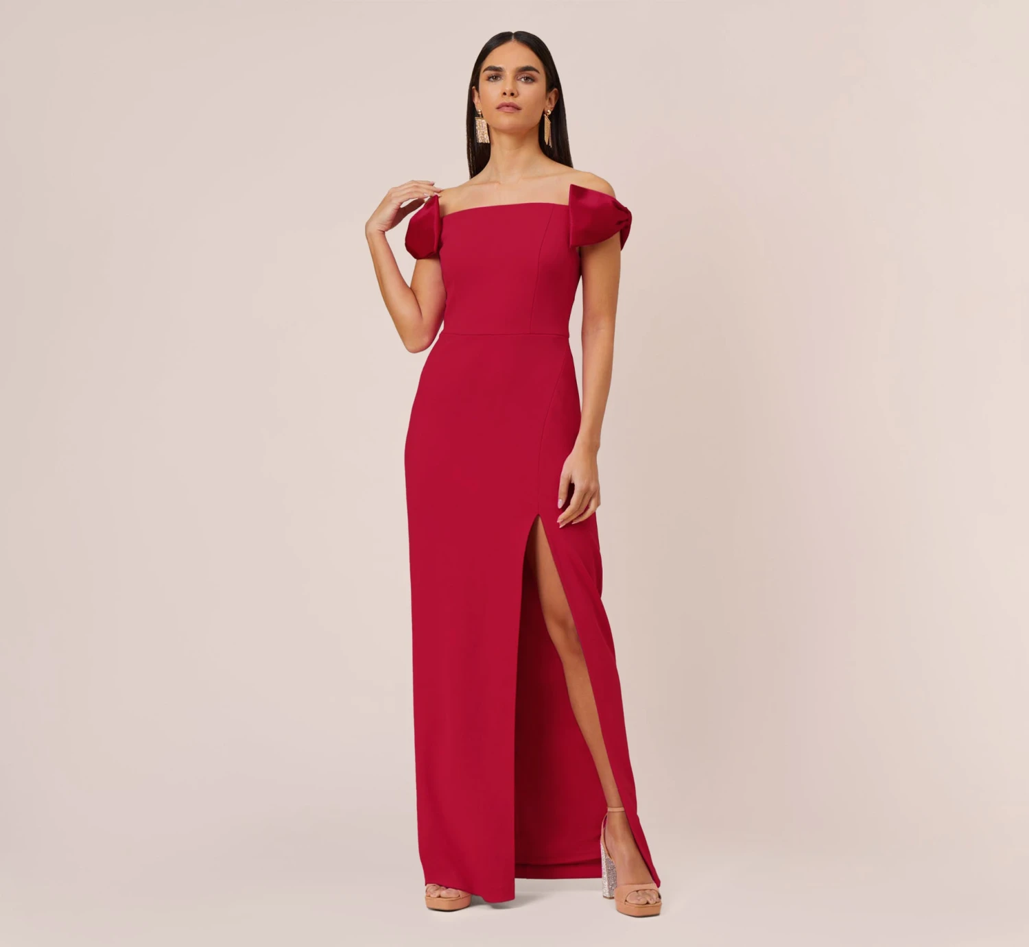 Stretch Crepe Off-The-Shoulder Long Column Gown With Bows In Matador Red