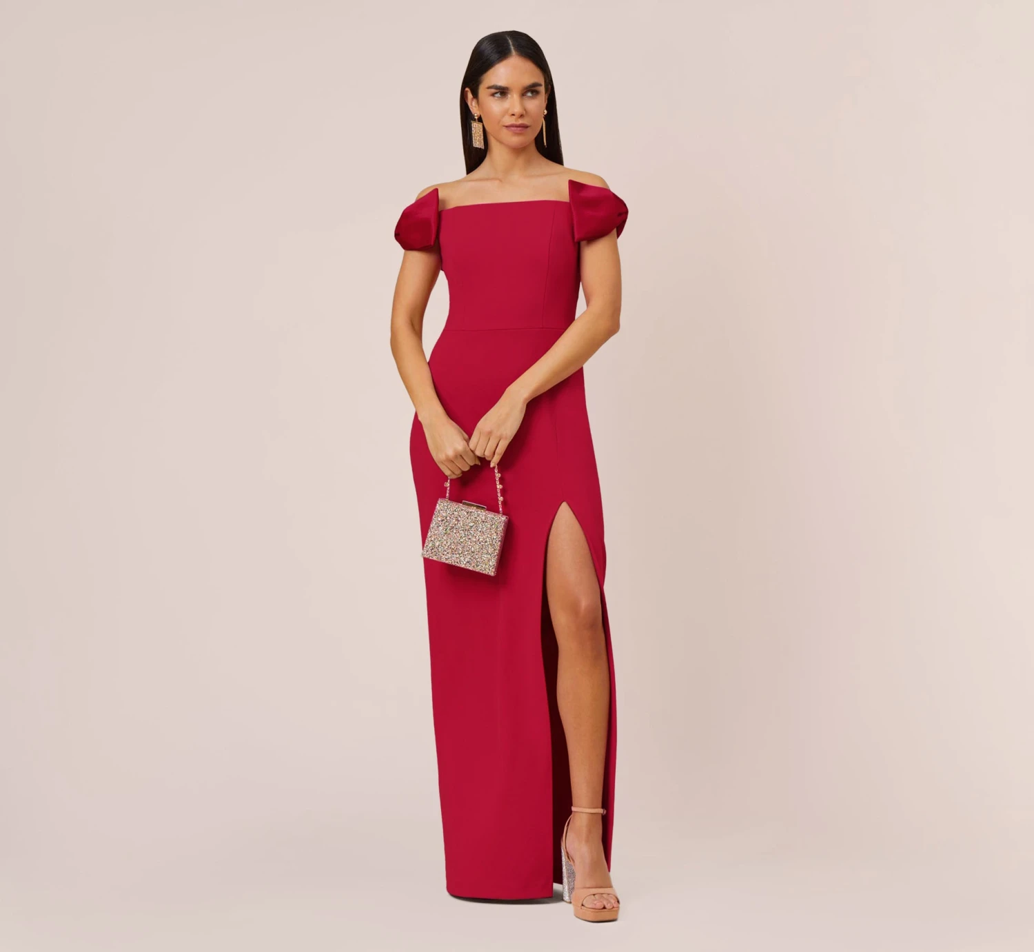 Stretch Crepe Off-The-Shoulder Long Column Gown With Bows In Matador Red 2 Stretch Crepe Off-The-Shoulder Long Column Gown With Bows In Matador Red - Image 2