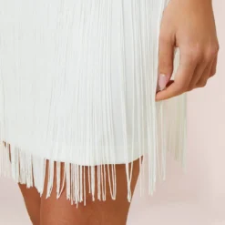 Stretch Crepe Fringe-Trim Short Sheath Cocktail Dress In Ivory 8 Stretch Crepe Fringe-Trim Short Sheath Cocktail Dress In Ivory -Glam Mirth Sales MN1E207813 AA194 Regular Alternate