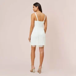 Stretch Crepe Fringe-Trim Short Sheath Cocktail Dress In Ivory 9 Stretch Crepe Fringe-Trim Short Sheath Cocktail Dress In Ivory -Glam Mirth Sales MN1E207813 AA194 Regular Back