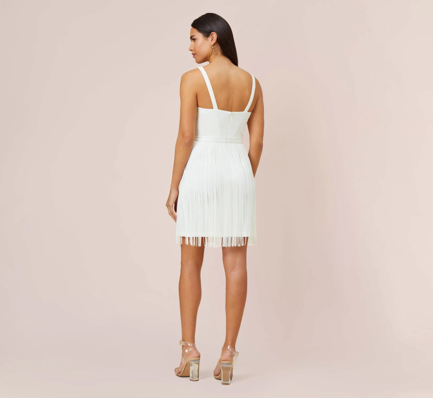 Stretch Crepe Fringe-Trim Short Sheath Cocktail Dress In Ivory 4 Stretch Crepe Fringe-Trim Short Sheath Cocktail Dress In Ivory - Image 4