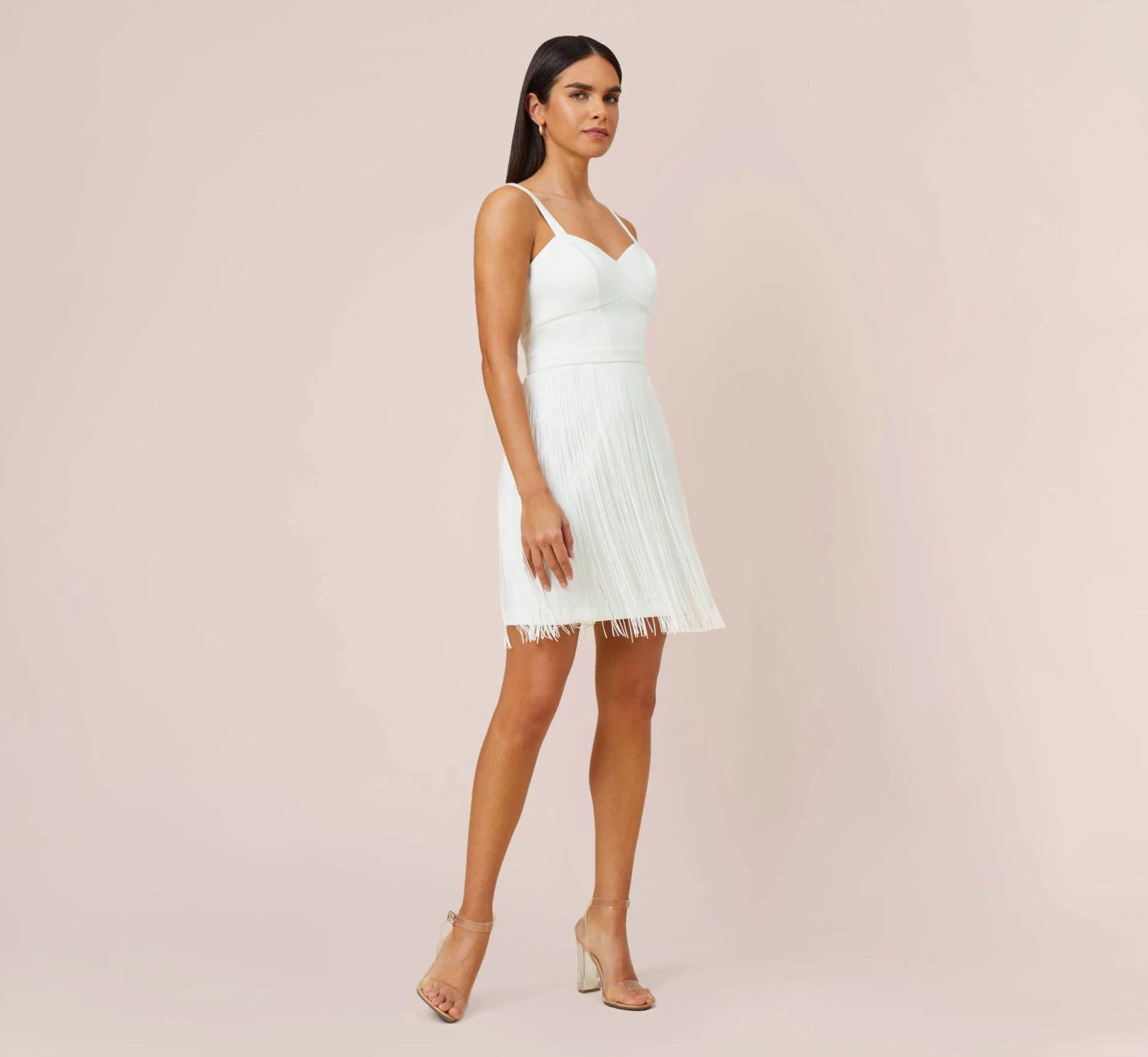 Stretch Crepe Fringe-Trim Short Sheath Cocktail Dress In Ivory 2 Stretch Crepe Fringe-Trim Short Sheath Cocktail Dress In Ivory - Image 2