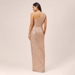 Sequined One-Shoulder Long Column Dress With Side Sash In Rose Gold 9 Sequined One-Shoulder Long Column Dress With Side Sash In Rose Gold -Glam Mirth Sales MN1E207825 AA958 Regular Back