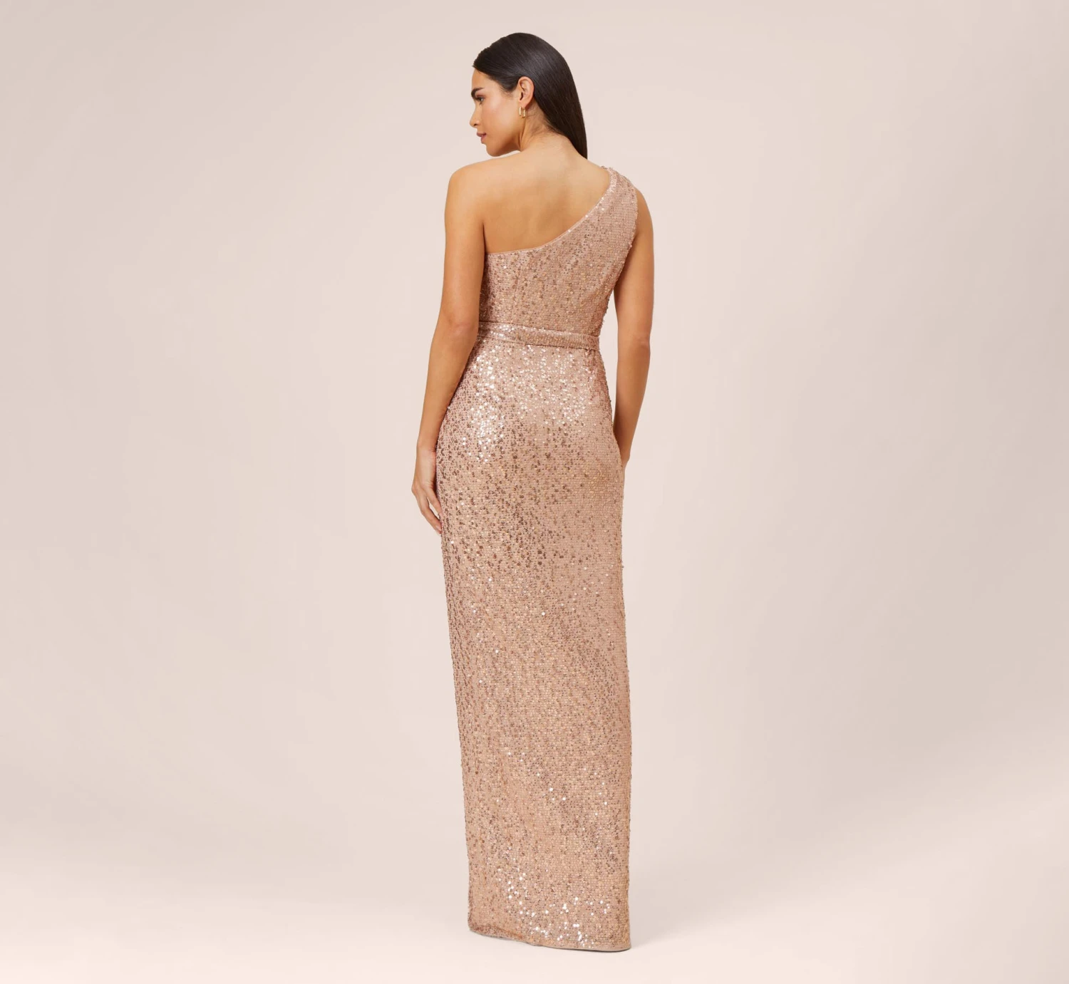 Sequined One-Shoulder Long Column Dress With Side Sash In Rose Gold 4 Sequined One-Shoulder Long Column Dress With Side Sash In Rose Gold - Image 4