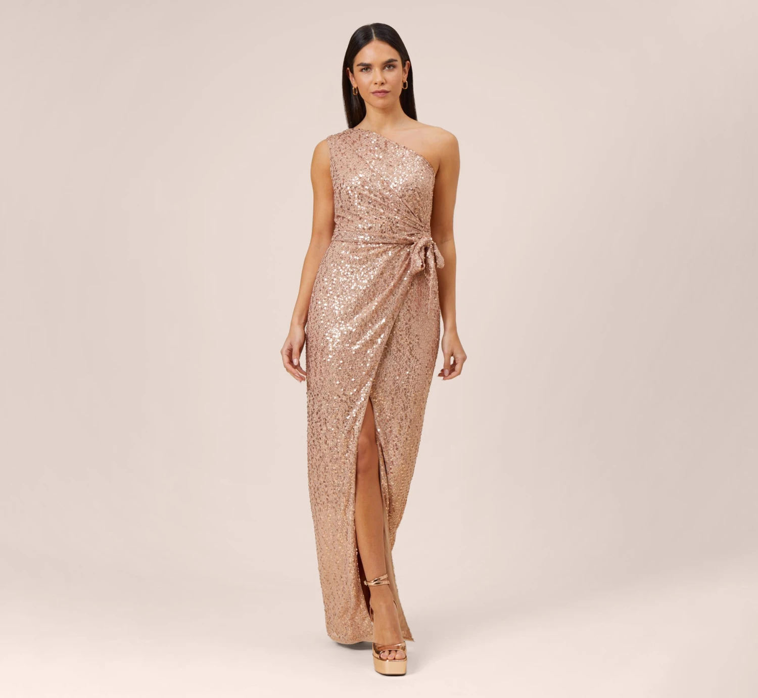 Sequined One-Shoulder Long Column Dress With Side Sash In Rose Gold 1 Sequined One-Shoulder Long Column Dress With Side Sash In Rose Gold