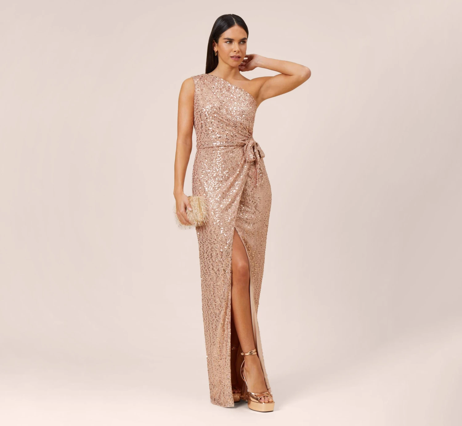 Sequined One-Shoulder Long Column Dress With Side Sash In Rose Gold 2 Sequined One-Shoulder Long Column Dress With Side Sash In Rose Gold - Image 2