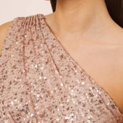 Sequined One-Shoulder Long Column Dress With Side Sash In Rose Gold 10 Sequined One-Shoulder Long Column Dress With Side Sash In Rose Gold -Glam Mirth Sales MN1E207825 AA958 Regular Side
