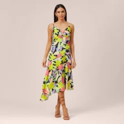 Floral-Print Asymmetrical Midi-Length Cocktail Dress In Coral Multi