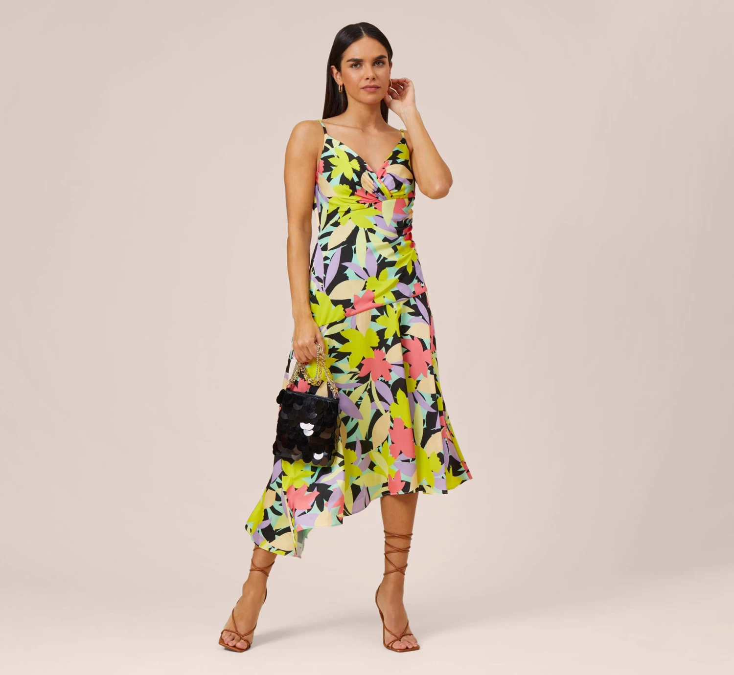 Floral-Print Asymmetrical Midi-Length Cocktail Dress In Coral Multi 2 Floral-Print Asymmetrical Midi-Length Cocktail Dress In Coral Multi - Image 2