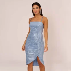 Sequin Knit Cocktail Dress With Ruched Details In Air Force
