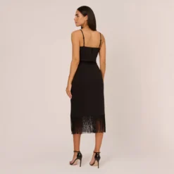 Crepe Popover Midi Dress With Fringe Trim In Black 10 Crepe Popover Midi Dress With Fringe Trim In Black -Glam Mirth Sales MN1E208002 AA002 Regular Back