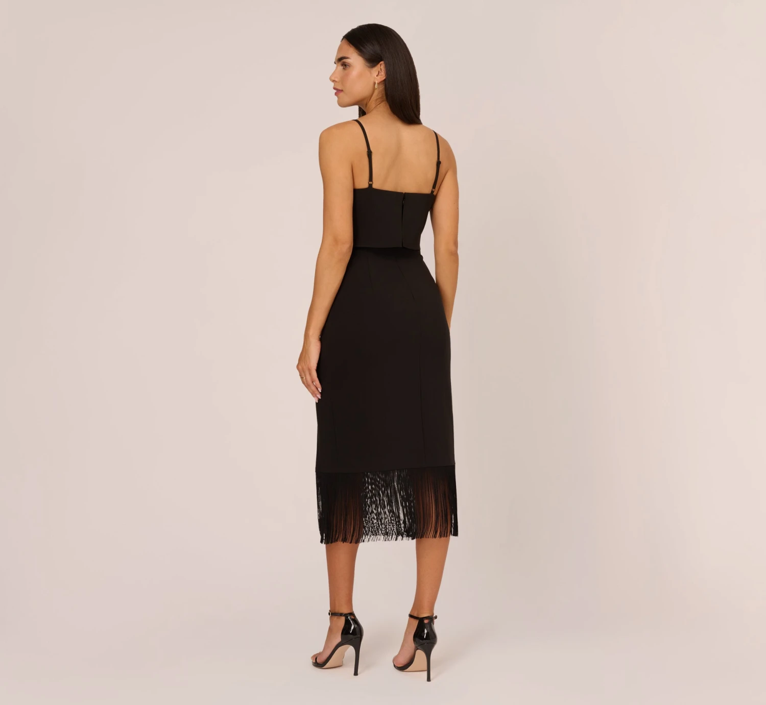 Crepe Popover Midi Dress With Fringe Trim In Black 5 Crepe Popover Midi Dress With Fringe Trim In Black - Image 5