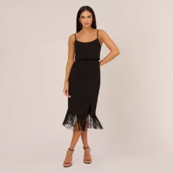 Crepe Popover Midi Dress With Fringe Trim In Black