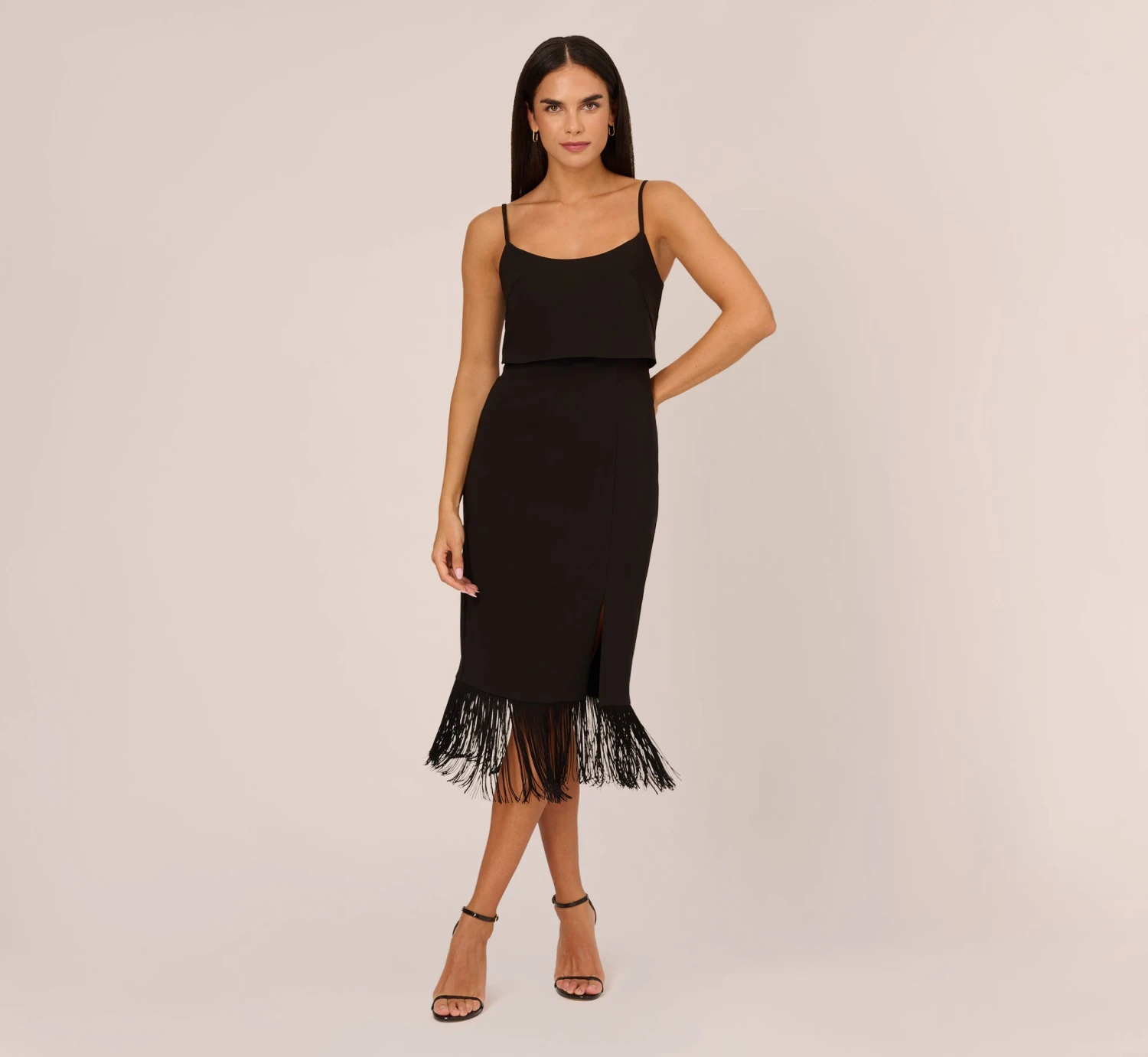Crepe Popover Midi Dress With Fringe Trim In Black 1 Crepe Popover Midi Dress With Fringe Trim In Black