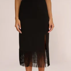 Crepe Popover Midi Dress With Fringe Trim In Black 9 Crepe Popover Midi Dress With Fringe Trim In Black -Glam Mirth Sales MN1E208002 AA002 Regular Lifestyle