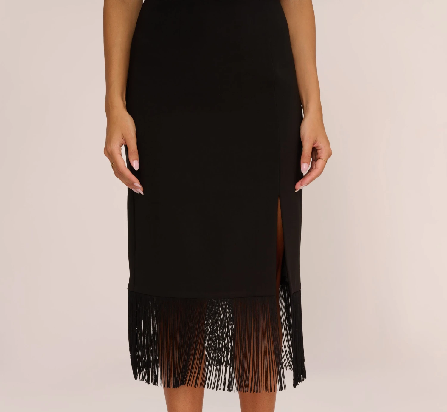 Crepe Popover Midi Dress With Fringe Trim In Black 4 Crepe Popover Midi Dress With Fringe Trim In Black - Image 4