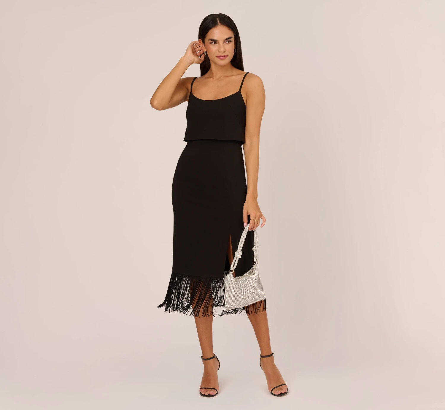 Crepe Popover Midi Dress With Fringe Trim In Black 2 Crepe Popover Midi Dress With Fringe Trim In Black - Image 2