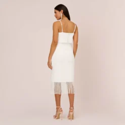 Crepe Popover Midi Dress With Fringe Trim In Ivory 10 Crepe Popover Midi Dress With Fringe Trim In Ivory -Glam Mirth Sales MN1E208002 AA194 Regular Back