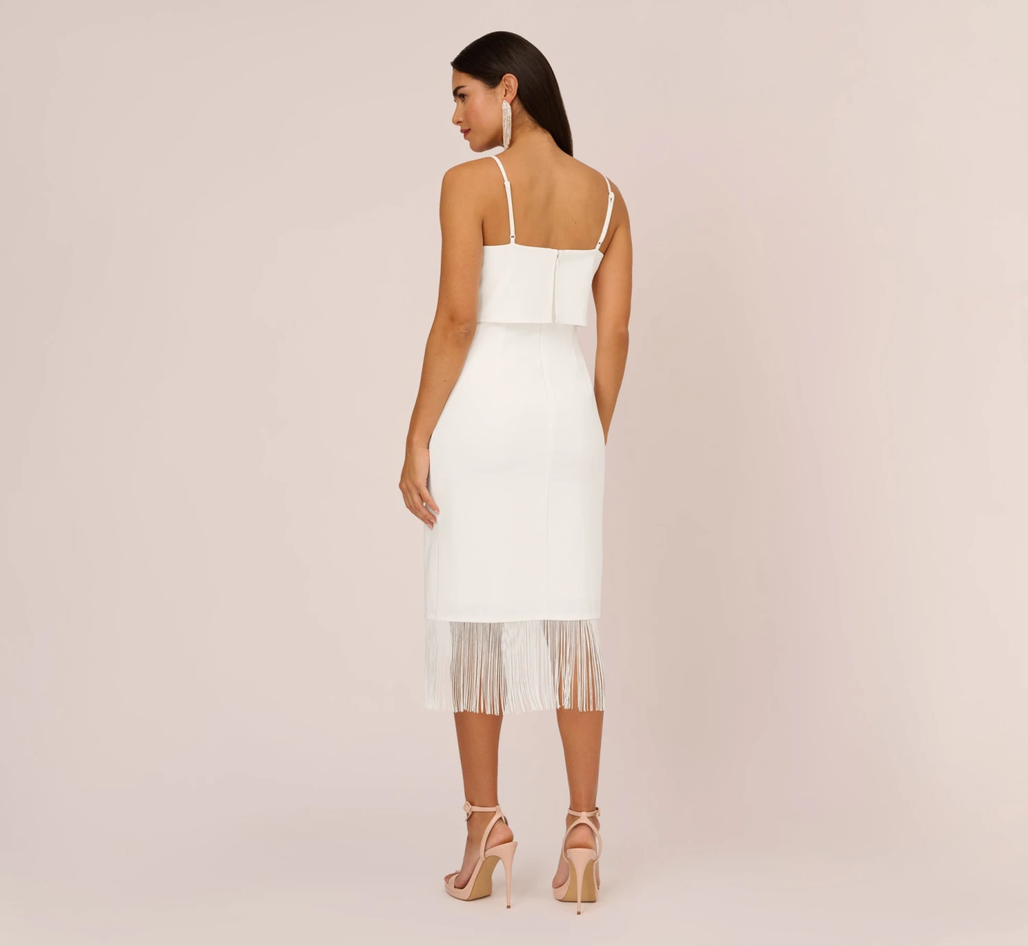 Crepe Popover Midi Dress With Fringe Trim In Ivory 4 Crepe Popover Midi Dress With Fringe Trim In Ivory - Image 4
