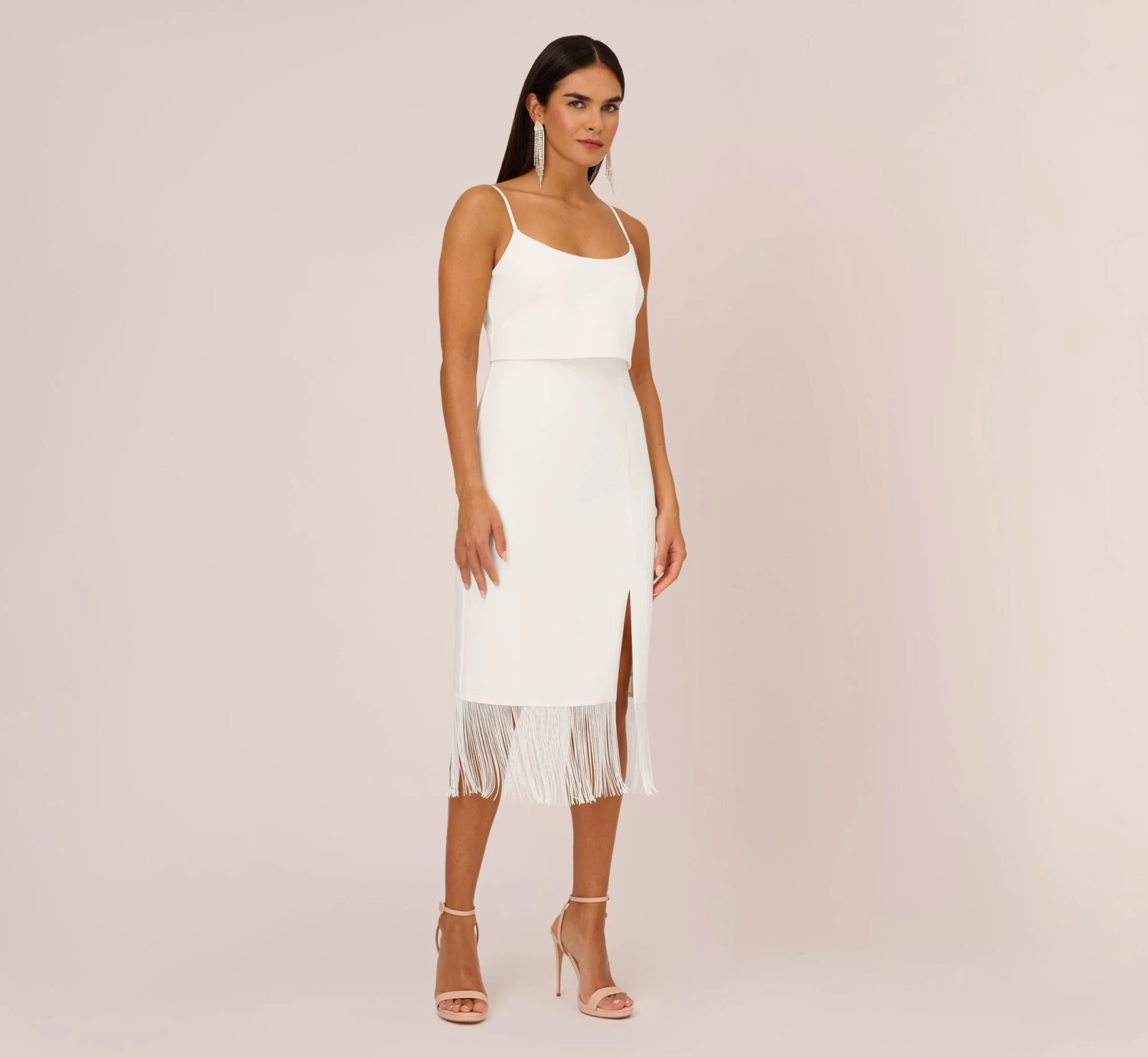 Crepe Popover Midi Dress With Fringe Trim In Ivory 1 Crepe Popover Midi Dress With Fringe Trim In Ivory