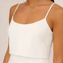 Crepe Popover Midi Dress With Fringe Trim In Ivory 9 Crepe Popover Midi Dress With Fringe Trim In Ivory -Glam Mirth Sales MN1E208002 AA194 Regular Detail