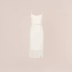 Crepe Popover Midi Dress With Fringe Trim In Ivory 13 Crepe Popover Midi Dress With Fringe Trim In Ivory -Glam Mirth Sales MN1E208002 AA194 Regular Flat