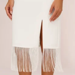 Crepe Popover Midi Dress With Fringe Trim In Ivory 11 Crepe Popover Midi Dress With Fringe Trim In Ivory -Glam Mirth Sales MN1E208002 AA194 Regular Lifestyle