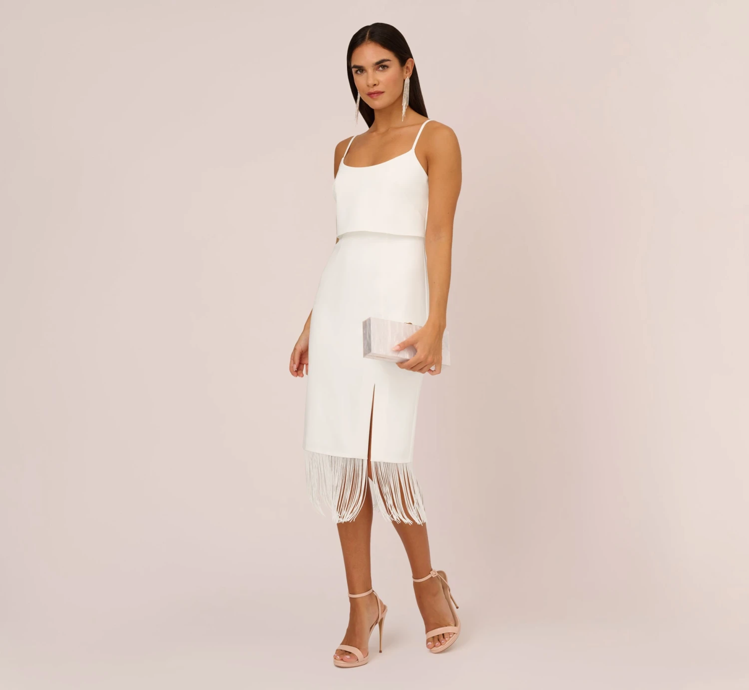 Crepe Popover Midi Dress With Fringe Trim In Ivory 2 Crepe Popover Midi Dress With Fringe Trim In Ivory - Image 2