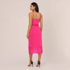 Crepe Popover Midi Dress With Fringe Trim In Lipstick -Glam Mirth Sales MN1E208002 AA671 Regular Back