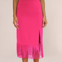 Crepe Popover Midi Dress With Fringe Trim In Lipstick -Glam Mirth Sales MN1E208002 AA671 Regular Lifestyle