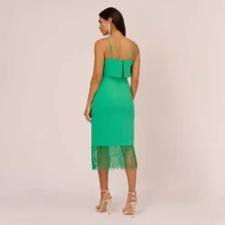 Crepe Popover Midi Dress With Fringe Trim In Summer Green 9 Crepe Popover Midi Dress With Fringe Trim In Summer Green -Glam Mirth Sales MN1E208002 AI314 Regular Back