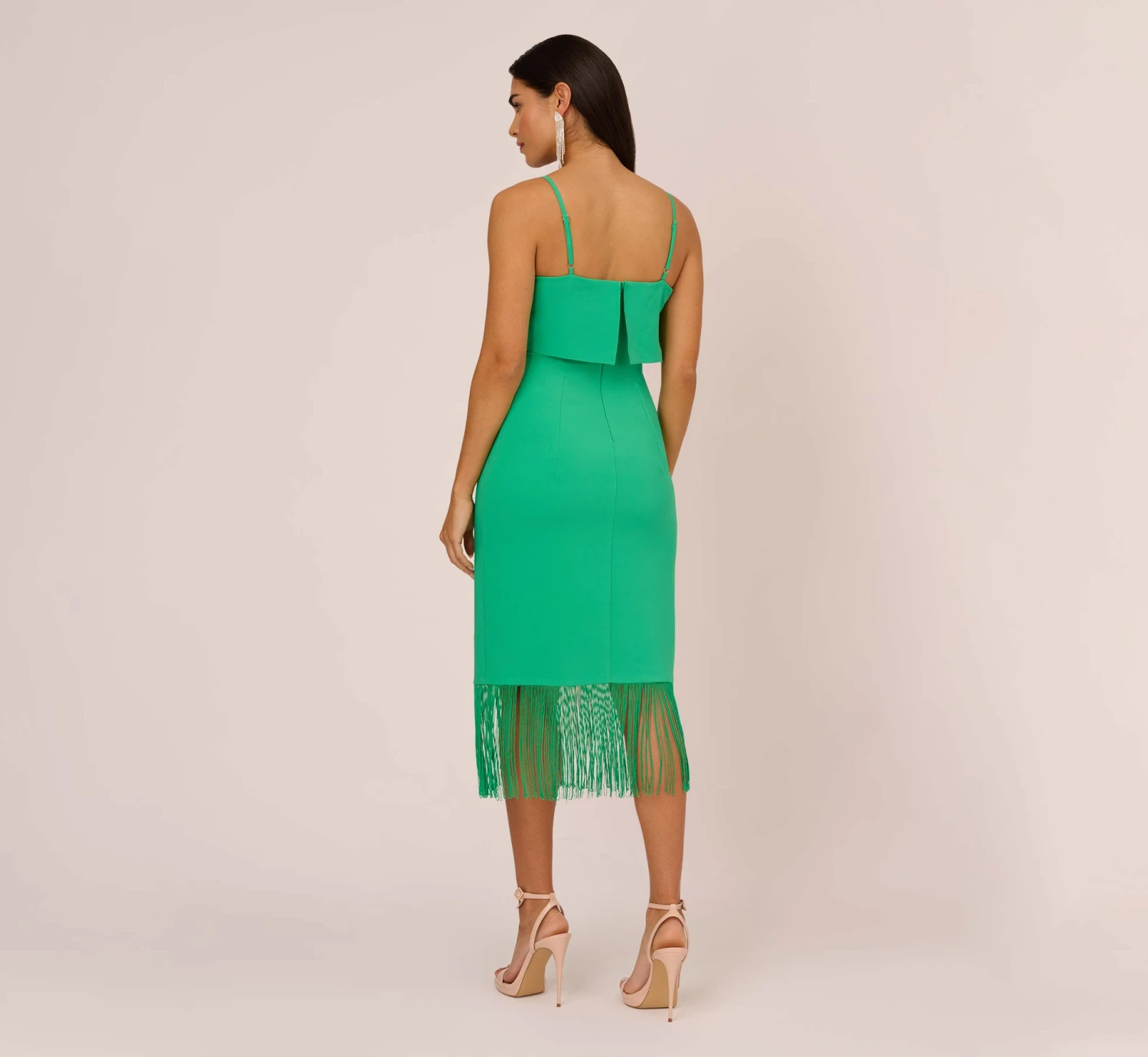 Crepe Popover Midi Dress With Fringe Trim In Summer Green 4 Crepe Popover Midi Dress With Fringe Trim In Summer Green - Image 4