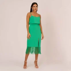 Crepe Popover Midi Dress With Fringe Trim In Summer Green