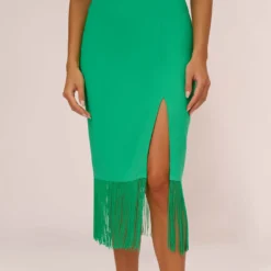 Crepe Popover Midi Dress With Fringe Trim In Summer Green 8 Crepe Popover Midi Dress With Fringe Trim In Summer Green -Glam Mirth Sales MN1E208002 AI314 Regular Lifestyle
