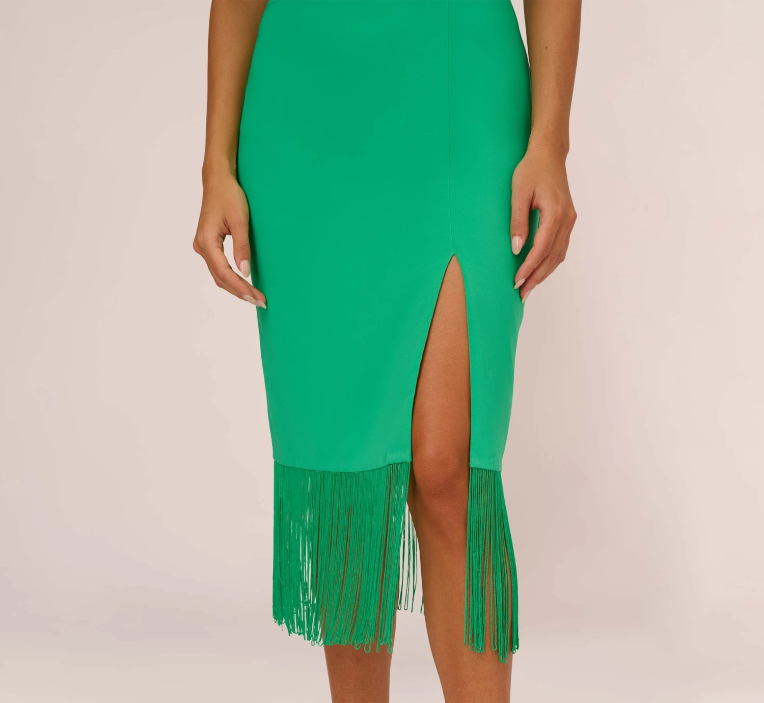Crepe Popover Midi Dress With Fringe Trim In Summer Green 3 Crepe Popover Midi Dress With Fringe Trim In Summer Green - Image 3