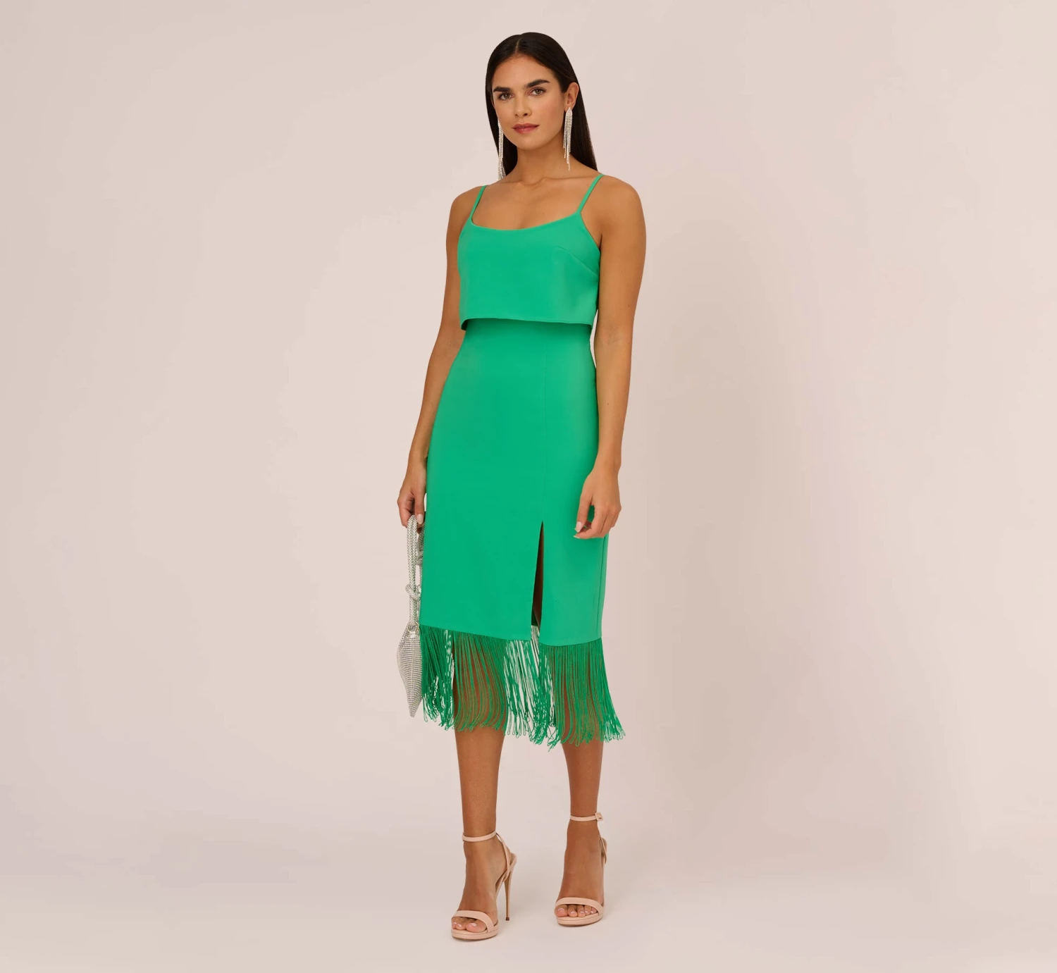 Crepe Popover Midi Dress With Fringe Trim In Summer Green 2 Crepe Popover Midi Dress With Fringe Trim In Summer Green - Image 2