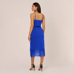 Crepe Popover Midi Dress With Fringe Trim In Royal Sapphire 9 Crepe Popover Midi Dress With Fringe Trim In Royal Sapphire -Glam Mirth Sales MN1E208002 AN401 Regular Back