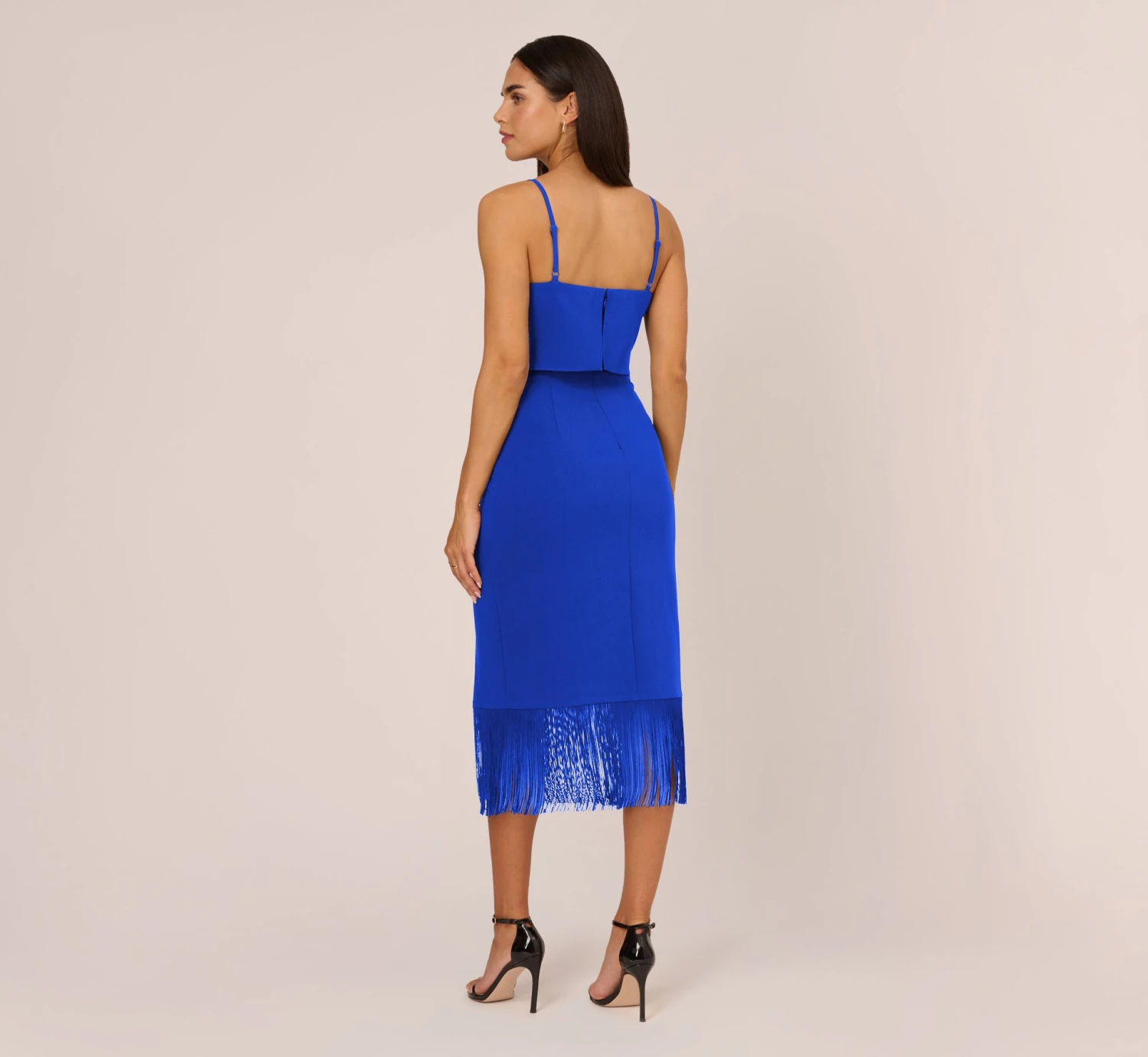 Crepe Popover Midi Dress With Fringe Trim In Royal Sapphire 4 Crepe Popover Midi Dress With Fringe Trim In Royal Sapphire - Image 4