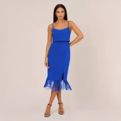 Crepe Popover Midi Dress With Fringe Trim In Royal Sapphire